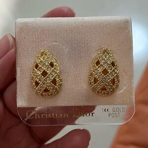 Vintage NWT Christian Dior Lace Hollow Rhinestone 14k Gold Post Pierced Earrings